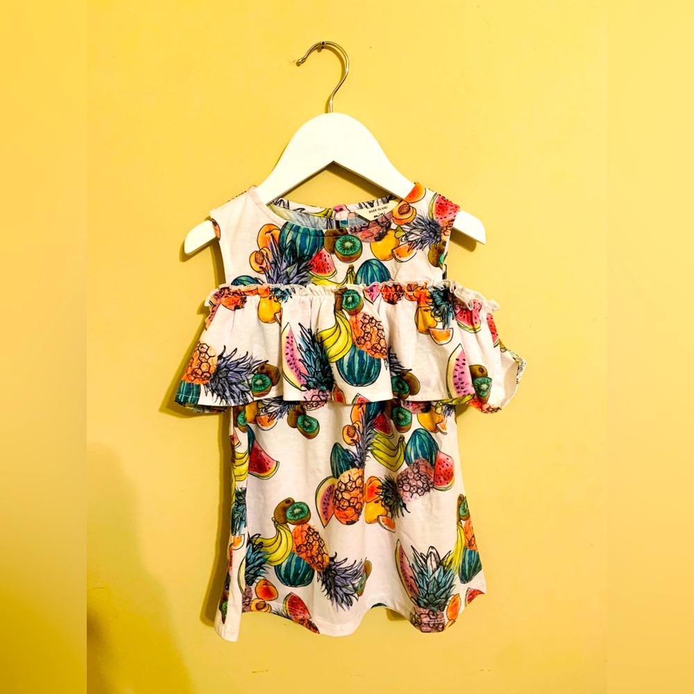 River Island Toddler Girls White Multicolor Poplin Fruit Ruffle Bardot Dress